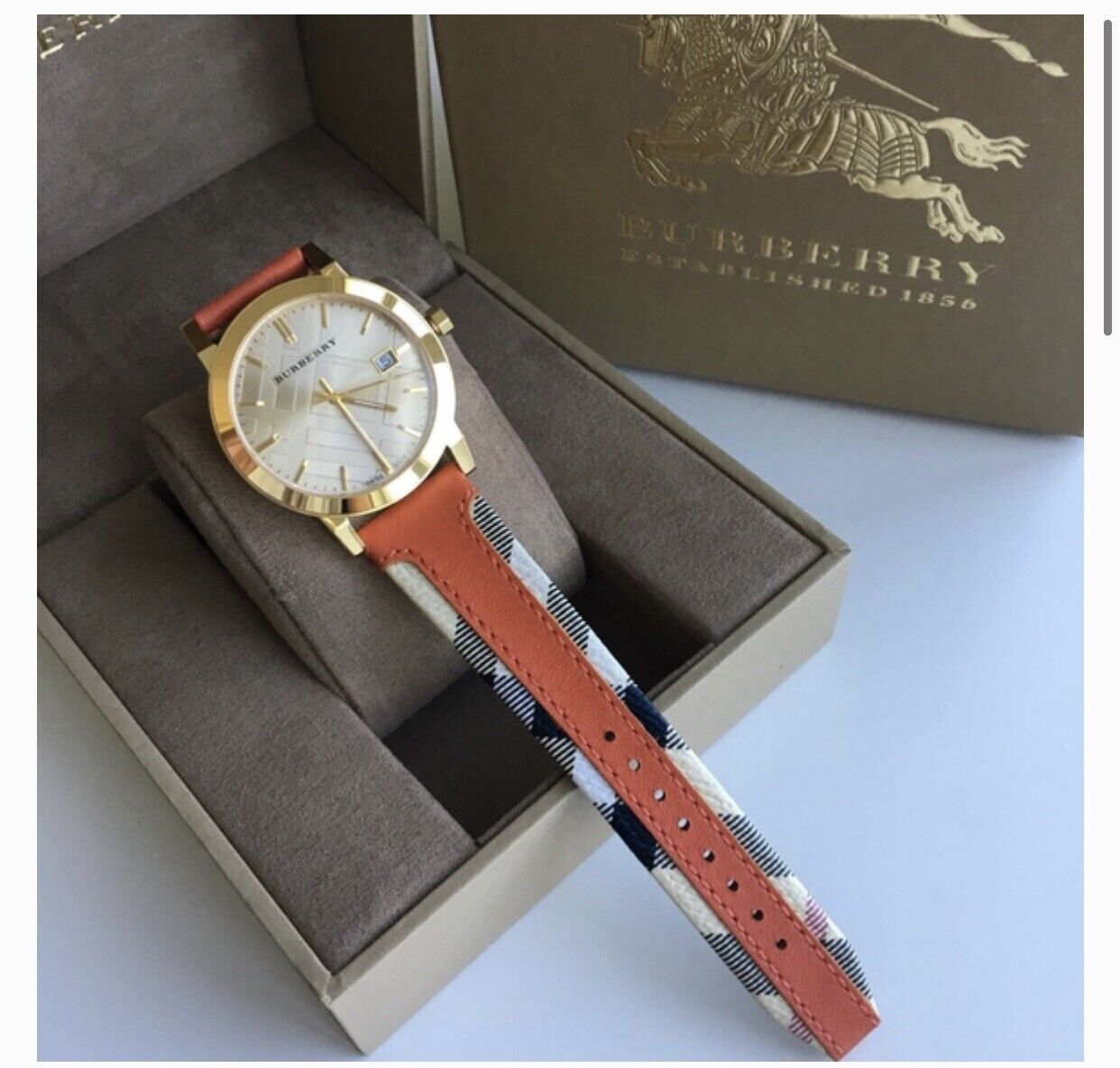 Burberry The City Gold Dial Orange Leather Strap Watch for Women - BU9016