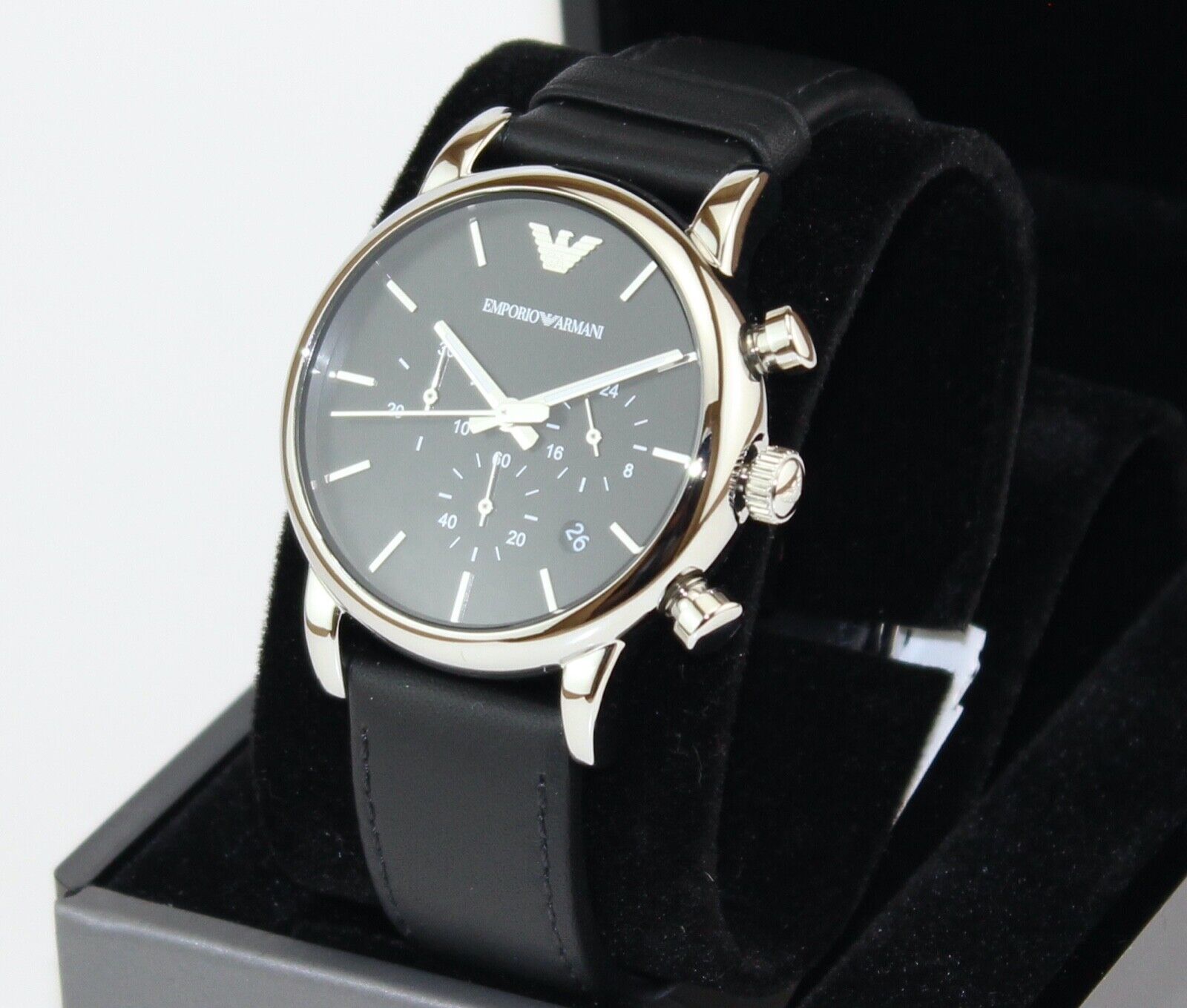 Emporio Armani Classic Chronograph Black Dial Black Leather Strap Watch For Men - AR1733