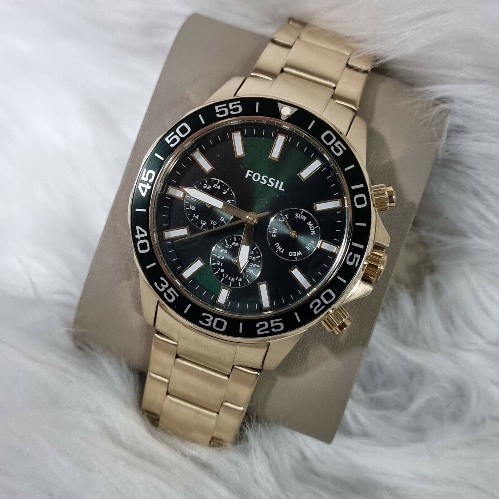 Fossil Bannon Multifunction Chronograph Green Dial Gold Steel Strap Watch for Men - BQ2493