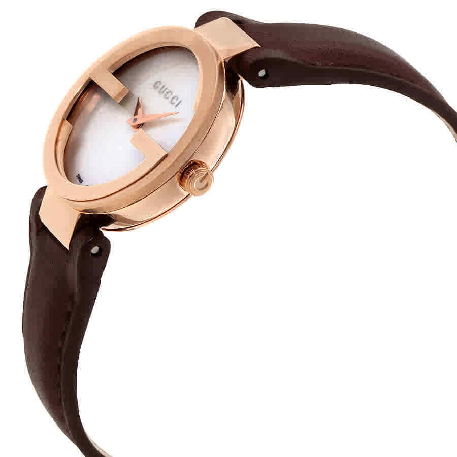 Gucci Interlocking Mother of Pearl Dial Brown Leather Strap Watch For Women - YA133516