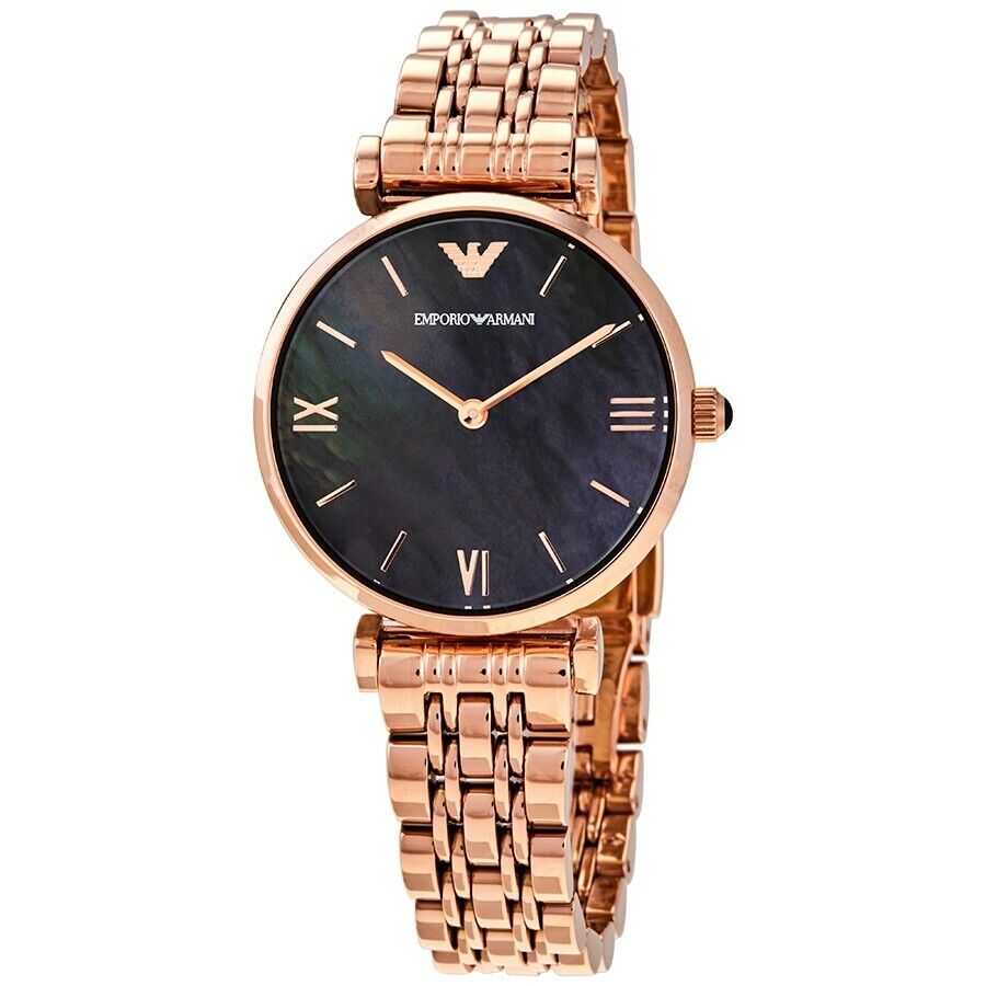 Emporio Armani Gianni T-Bar Mother of Pearl Black Dial Rose Gold Steel Strap Watch For Women - AR11145