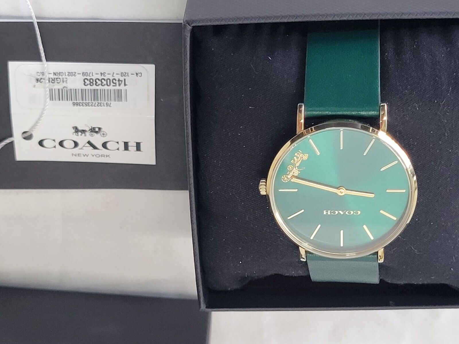 Coach Green Dial Green Leather Strap Watch for Women - 14503383