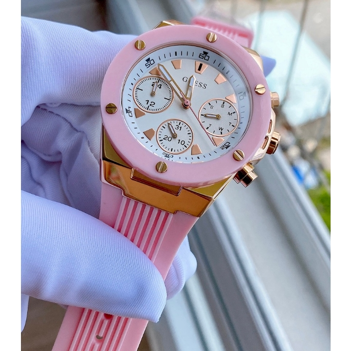 Guess Athena White Dial Pink Rubber Strap Watch For Women - GW0030L4