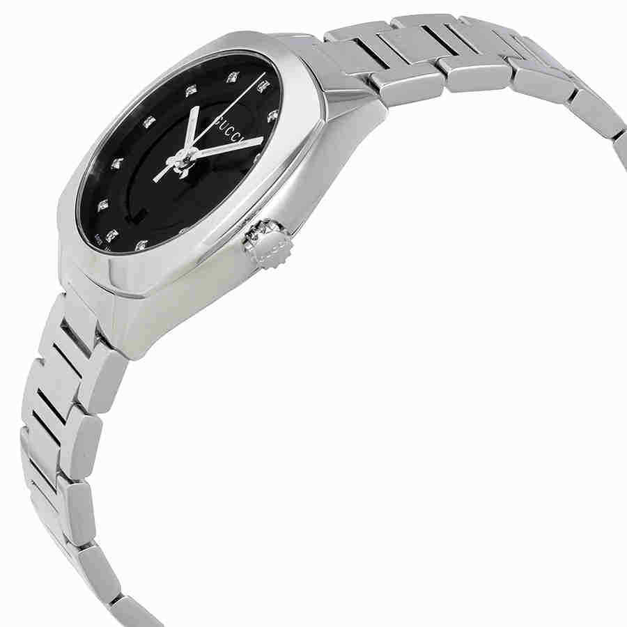 Gucci GG2570 Diamonds Black Dial Silver Steel Strap Watch For Women - YA142503