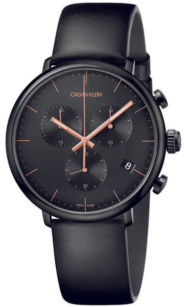 Calvin Klein High Noon Chronograph Black Dial Black Leather Strap Watch for Men - K8M274CB