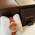 Gucci Interlocking G Quartz Orange Dial Orange Leather Strap Watch For Women - YA133316