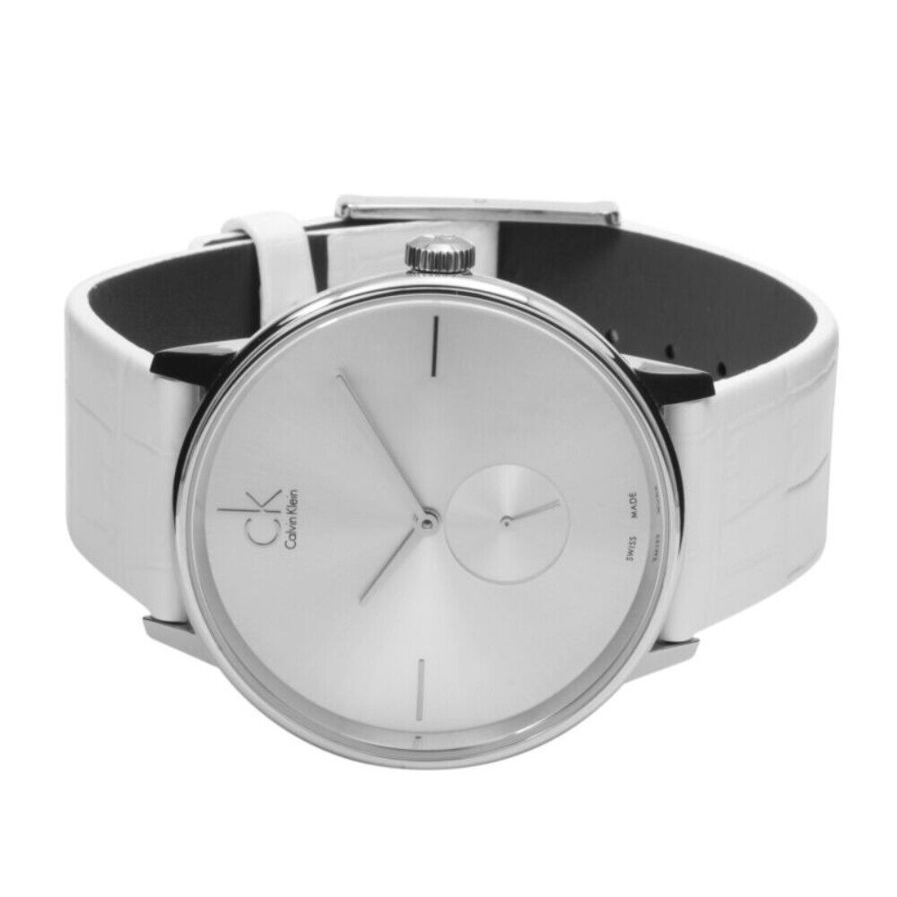 Calvin Klein Accent Silver Dial White Leather Strap Watch for Women - K2Y211K6