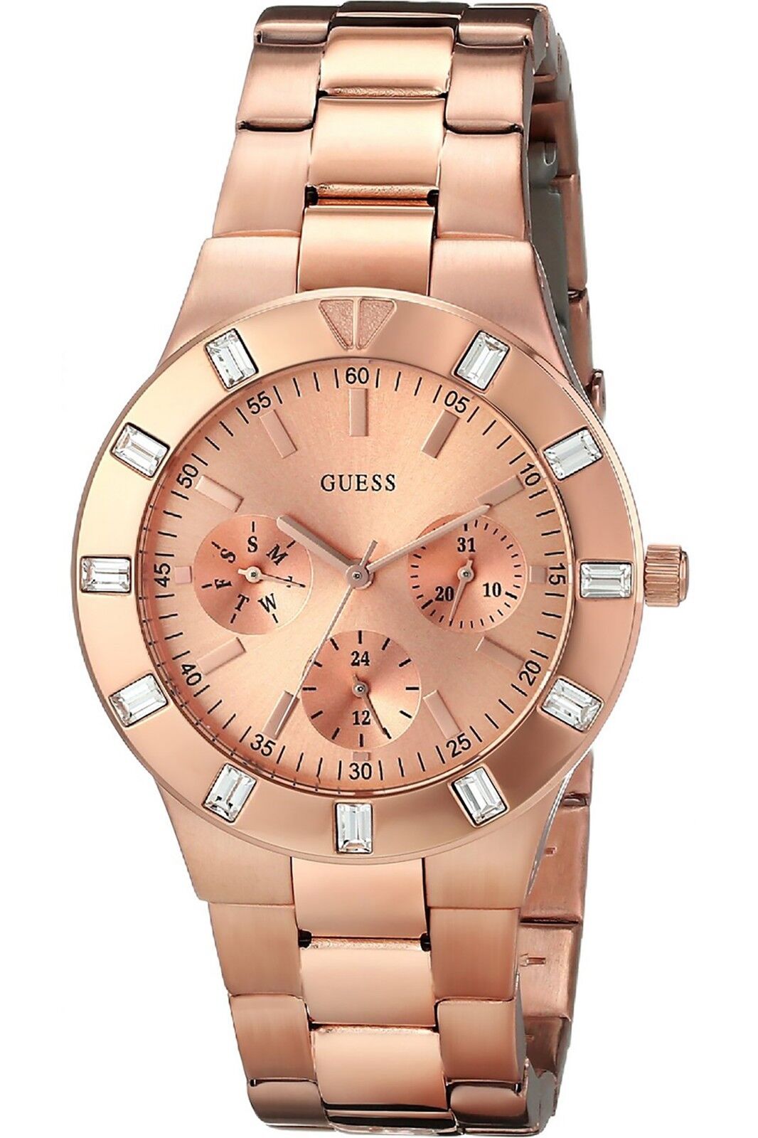 Guess Glisten Multifunction Quartz Rose Gold Dial Rose Gold Steel Strap Watch For Women - W16017L1