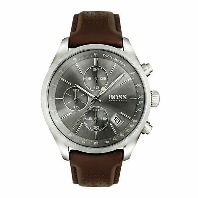 Hugo Boss Grand Prix Chronograph Grey Dial Brown Leather Strap Watch for Men - 1513476