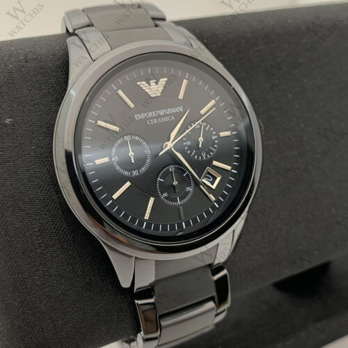 Emporio Armani Ceramica Chronograph Black Dial Black Steel Strap Watch For Men - AR1452