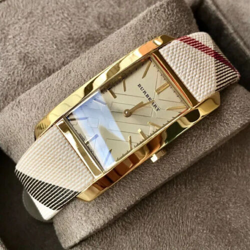 Burberry Pioneer Gold Dial Haymarket Beige Leather Strap Watch for Women - BU9407