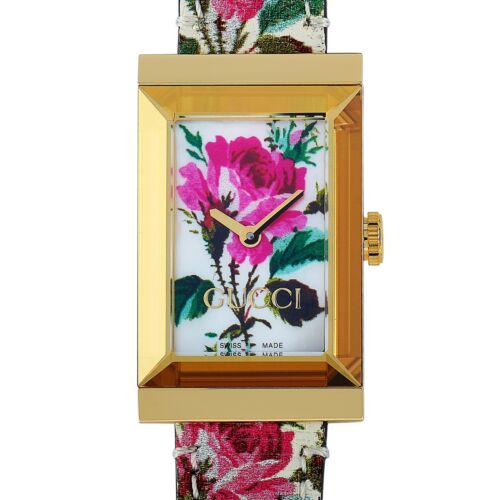 Gucci G-Frame Floral Ivory Dial White Leather Strap Watch For Women - YA147406