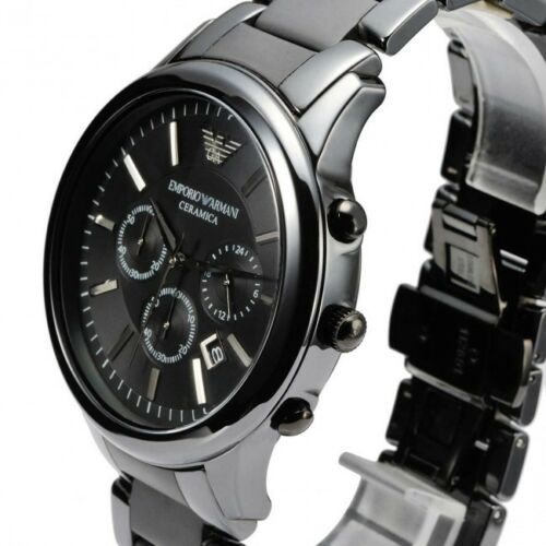 Emporio Armani Ceramica Chronograph Black Dial Black Steel Strap Watch For Men - AR1451