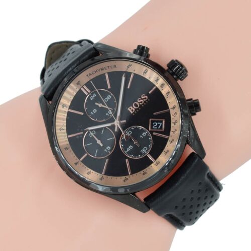 Hugo Boss Grand Prix Chronograph Black Dial Black Leather Strap Watch for Men - 1513550