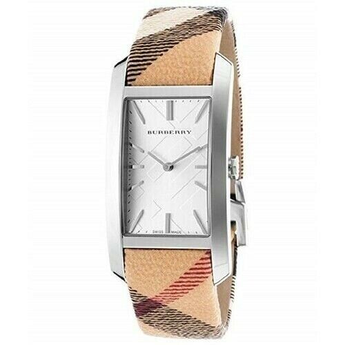 Burberry The Pioneer Silver Dial Haymarket Beige Leather Strap Watch for Women - BU9406