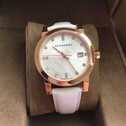 Burberry The City Silver Diamonds Dial White Leather Strap Watch for Women - BU9130