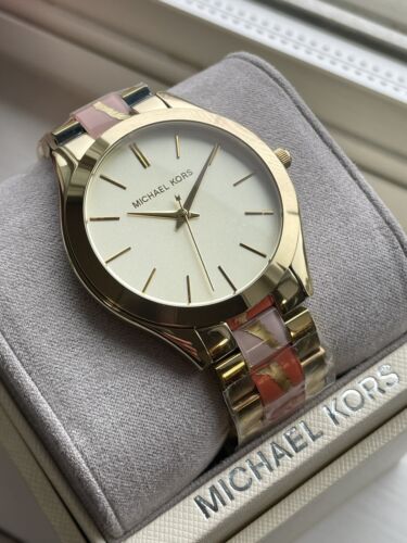 Michael Kors Slim Runway Gold Dial Two Tone Steel Strap Watch for Women - MK4300