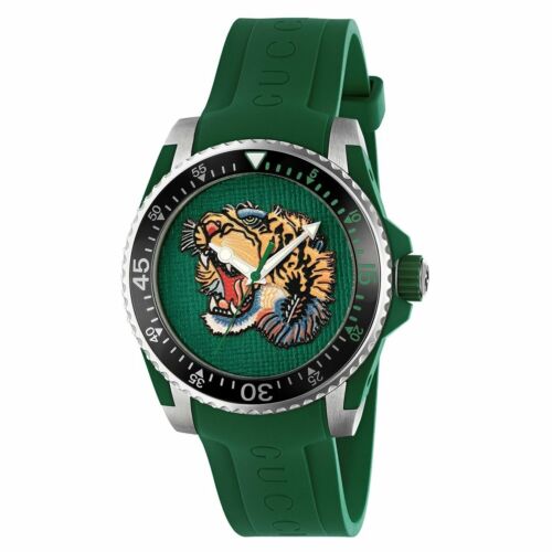 Gucci Dive Tiger Head Motif Green Dial Green Rubber Strap Watch For Men - YA136316