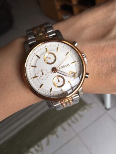 Fossil Boyfriend Chronograph White Dial Two Tone Steel Strap Watch for Women - ES3840