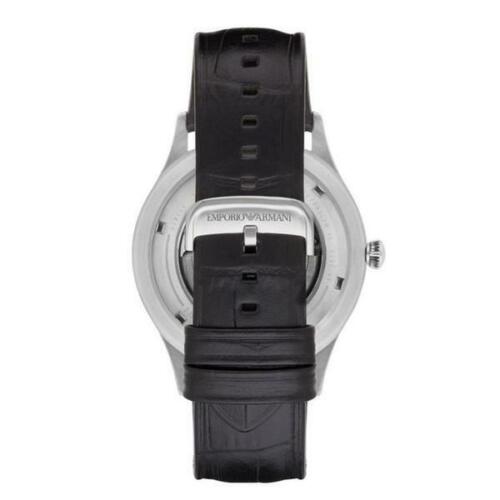 Emporio Armani Meccanico Skeleton Silver Dial Black Leather Strap Watch For Men - AR2072