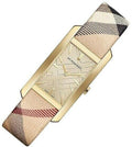 Burberry Pioneer Gold Dial Haymarket Beige Leather Strap Watch for Women - BU9407