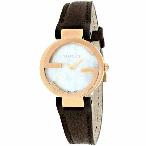 Gucci Interlocking Mother of Pearl Dial Brown Leather Strap Watch For Women - YA133516