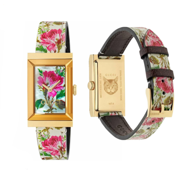 Gucci G-Frame Floral Ivory Dial White Leather Strap Watch For Women - YA147406