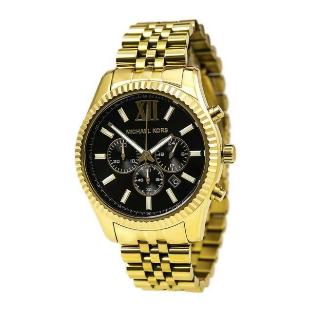 Michael Kors Lexington Chronograph Black Dial Gold Steel Strap Watch for Men - MK8286