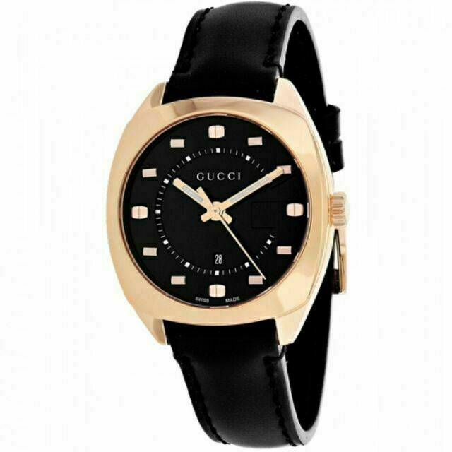 Gucci Black Leather Strap Black Dial Gold Tone Quartz Watch For Women - YA142407