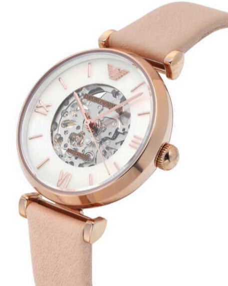 Emporio Armani Meccanico Skeleton Silver Dial Beige Leather Strap Watch For Women - AR60001