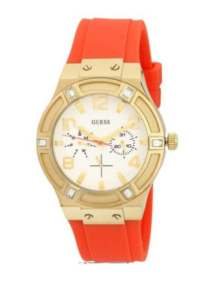 Guess Jet Setter Golden Dial Orange Rubber Watch For Women - W0564L2