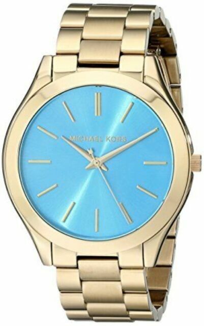 Michael Kors Slim Runway Blue Dial Gold Steel Strap Watch for Women - MK3265