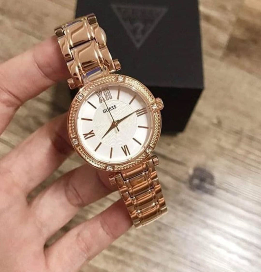 Guess Park Ave White Dial Rose Gold Steel Strap Watch for Women - W0767L3