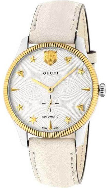 Gucci G Timeless Automatic Silver Dial Beige Leather Strap Watch For Men - YA126348