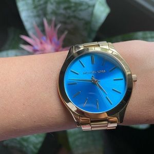 Michael Kors Slim Runway Blue Dial Gold Steel Strap Watch for Women - MK3265