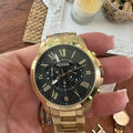 Fossil Grant Chronograph Black Dial Gold Steel Strap Watch for Men - FS4815