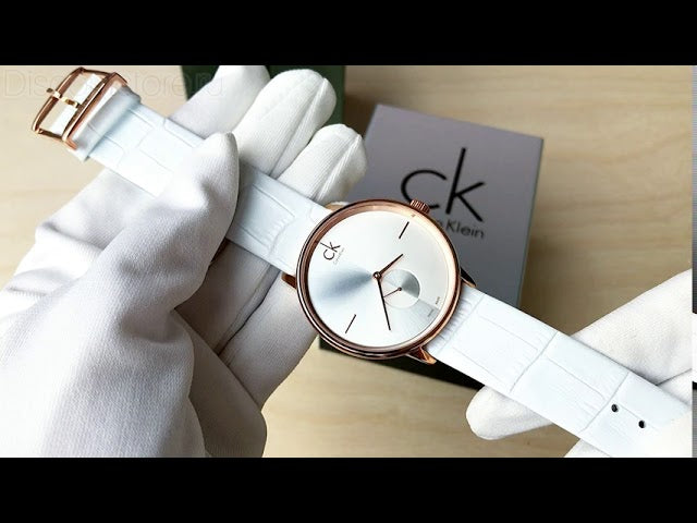 Calvin Klein Accent Silver Dial White Leather Strap Watch for Women - K2Y216K6