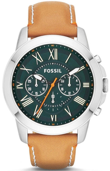 Fossil Grant Chronograph Green Dial Brown Leather Strap Watch for Men - FS4918