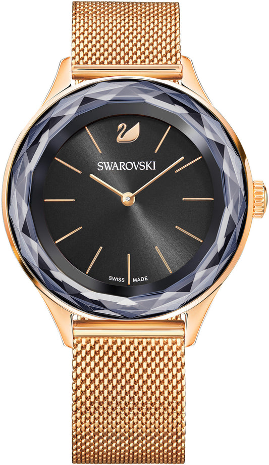 Swarovski Octea Nova Black Dial Rose Gold Mesh Bracelet Watch for Women - 5430424