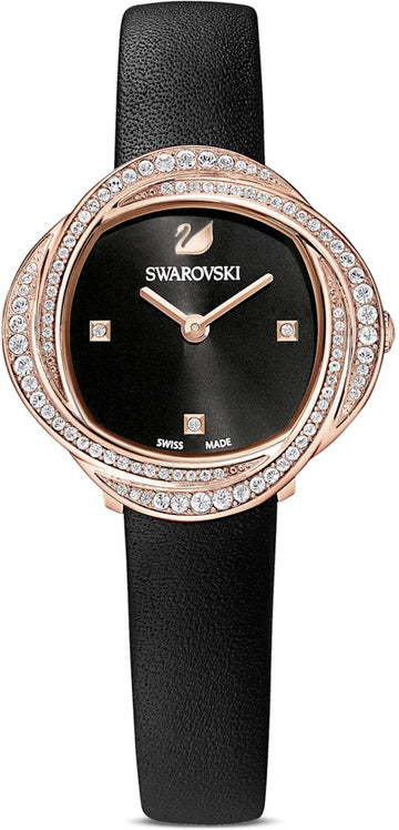 Swarovski Crystal Flower Black Dial Black Leather Strap Watch for Women - 5552421