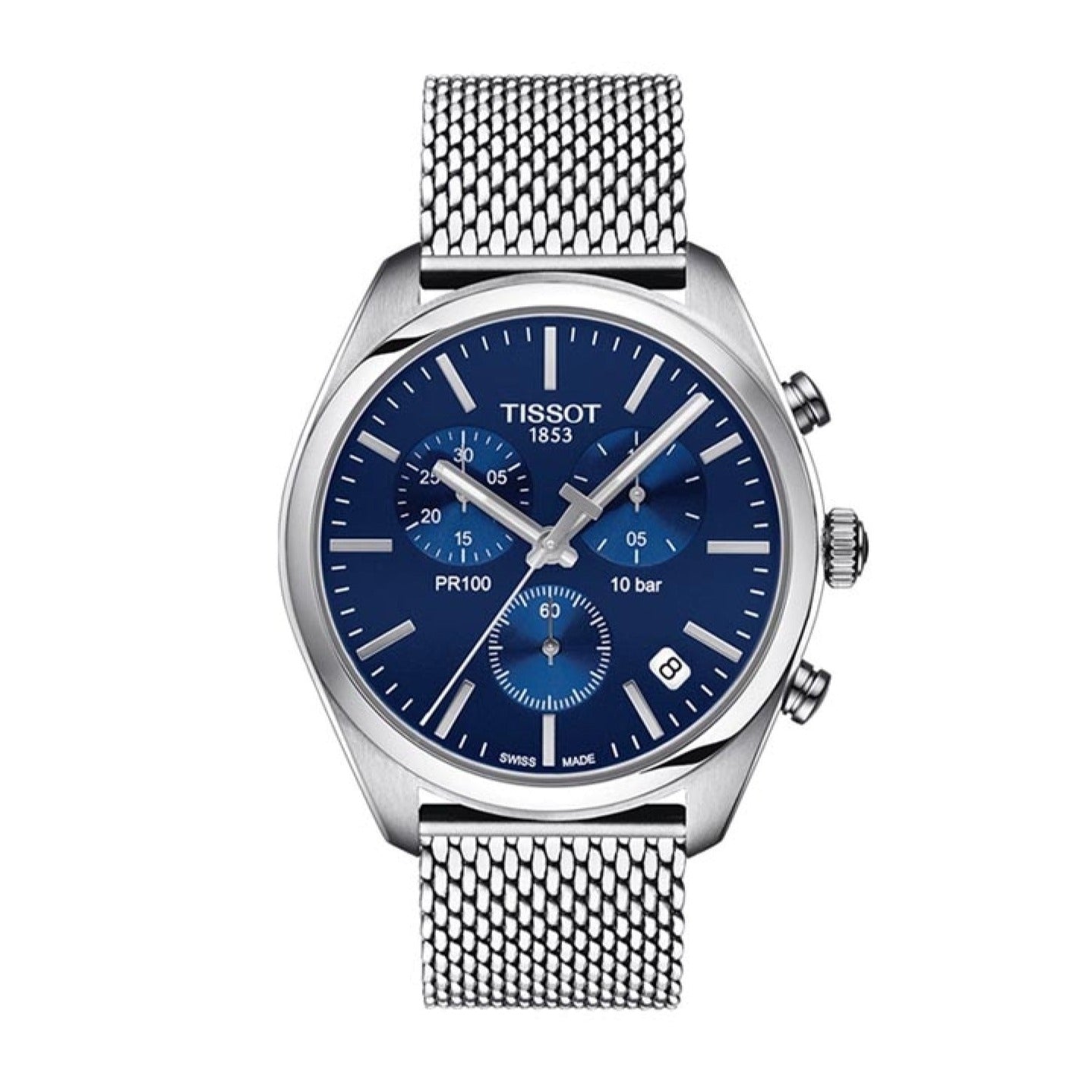 Tissot PR 100 Chronograph Blue Dial Silver Mesh Bracelet Watch for Men - T101.417.11.041.00