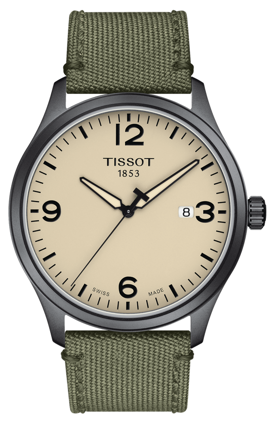 Tissot T Sport Chrono XL Beige Dial Khakhi Green Nylon Strap Watch for Men - T116.617.33.267.00