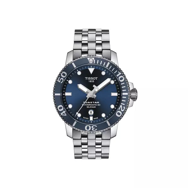 Tissot T Sport Seastar 1000 Powermatic Silicum Blue Dial Stainless Steel Strap Watch For Men - T120.407.11.041.01