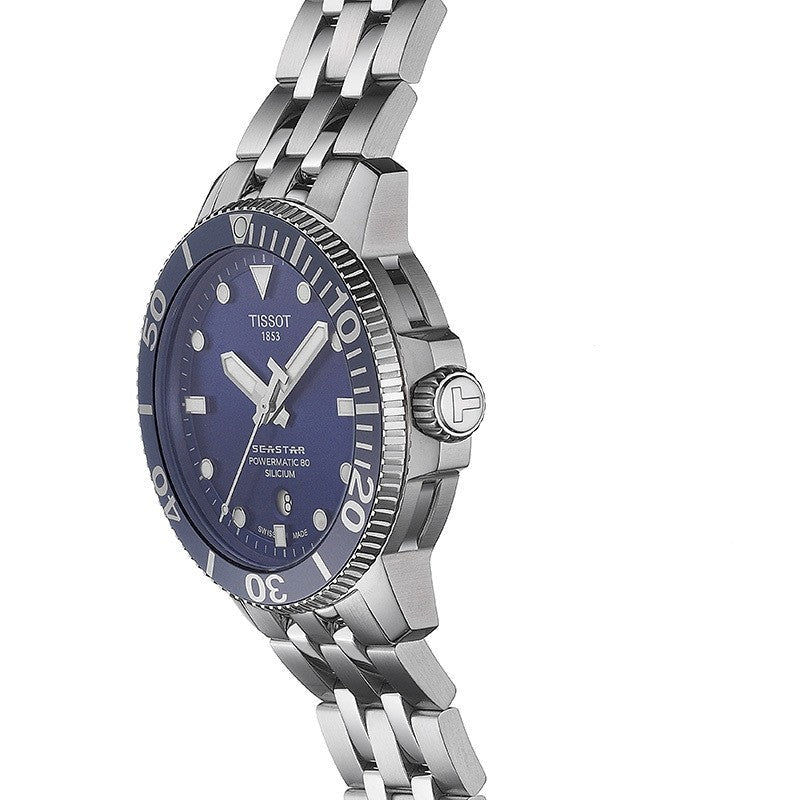 Tissot T Sport Seastar 1000 Powermatic Silicum Blue Dial Stainless Steel Strap Watch For Men - T120.407.11.041.01