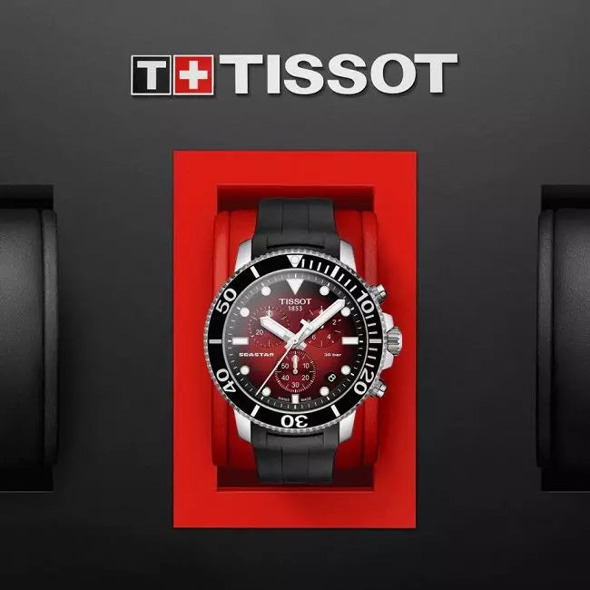 Tissot Seaster 1000 Chronograph Maroon Dial Black Rubber Strap Watch For Men - T120.417.17.421.00