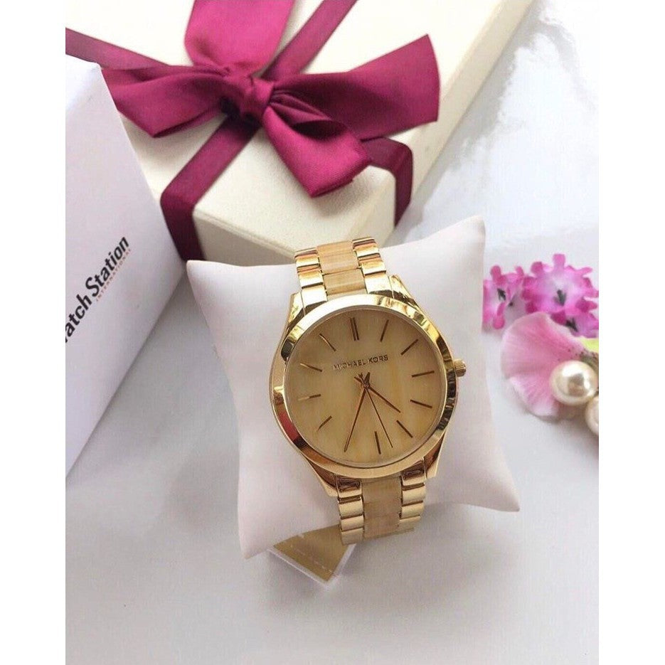 Michael Kors Slim Runway Gold Dial Two Tone Gold Strap Watch for Women - MK4285