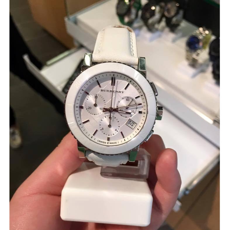 Burberry City Chronograph White Dial White Leather Strap Watch For Women - BU9701