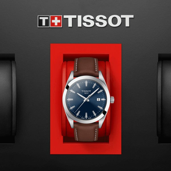 Tissot Gentleman Blue Dial Brown Leather Strap Watch For Men - T127.410.16.041.00