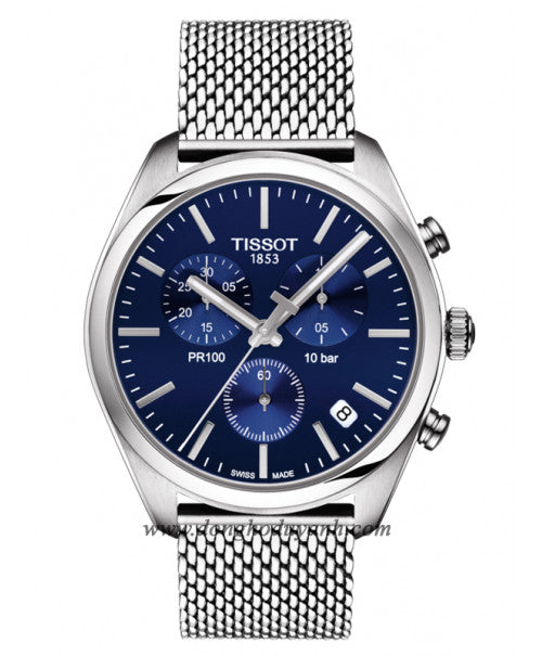 Tissot PR 100 Chronograph Blue Dial Silver Mesh Bracelet Watch for Men - T101.417.11.041.00