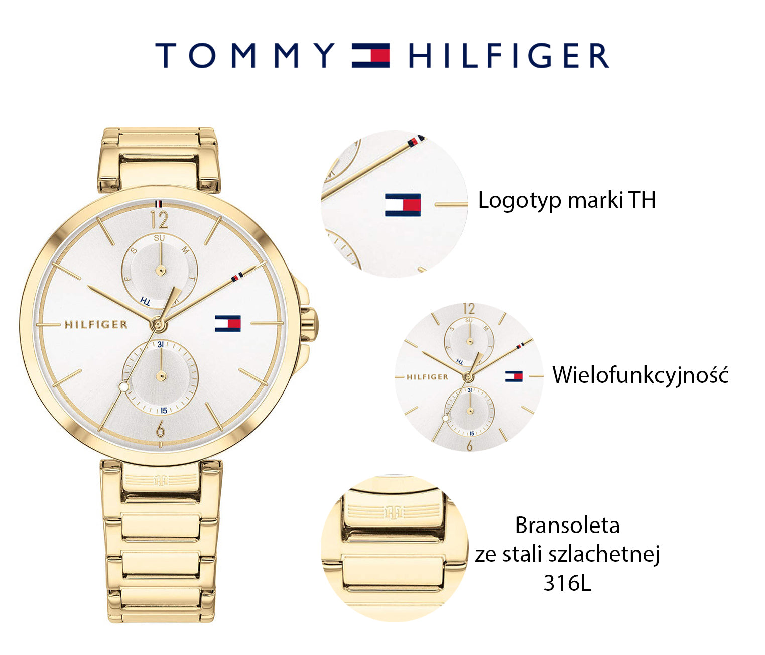 Tommy Hilfiger Angela White Dial Gold Steel Strap Watch for Women - 1782128